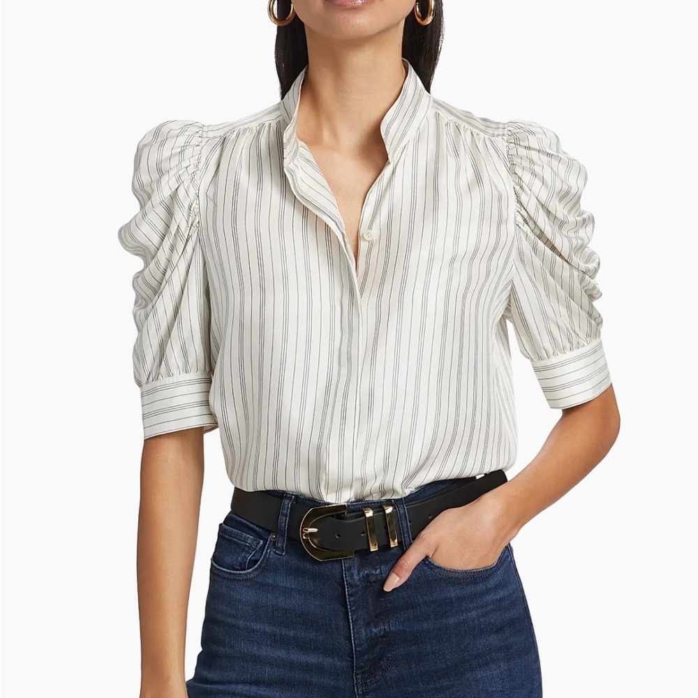 Frame Denim Cream and Gray Striped Puff-Sleeve Blouse